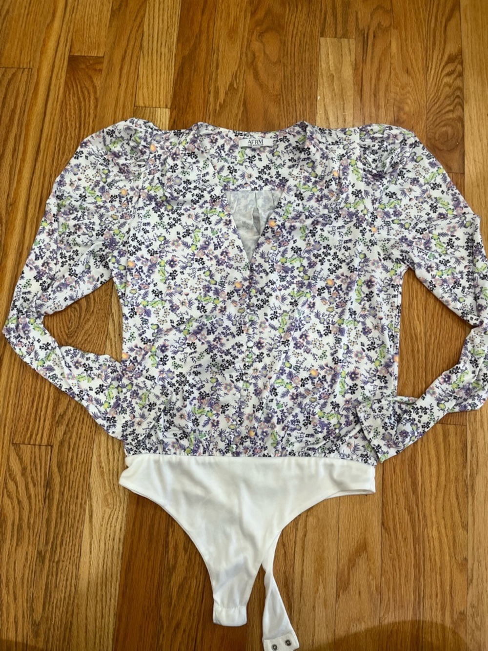 AFRM White Floral Long Sleeve Top with Purple & Green Print